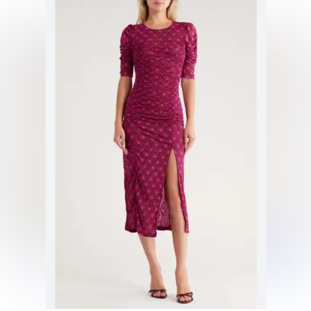 Free People Briella Floral Side Slit Dress with Puff Sleeves in Fuchsia